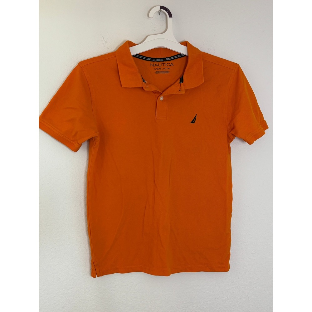 Nautica Boys Orange Short Sleeve Polo Shirt Size L 14/16 Pique Knit Logo
